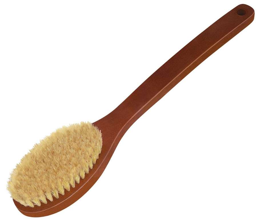 Bath brush with shaped dark wooden handle, soft real bristle